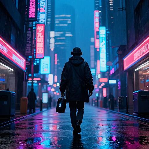 Neon-lit, rainy city street photograph: Silhouetted figure in winter coat and hat, carrying bag, walking down wet, colorful illuminated