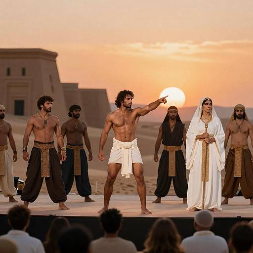 Dynamic Ancient Desert Gathering at Sunset