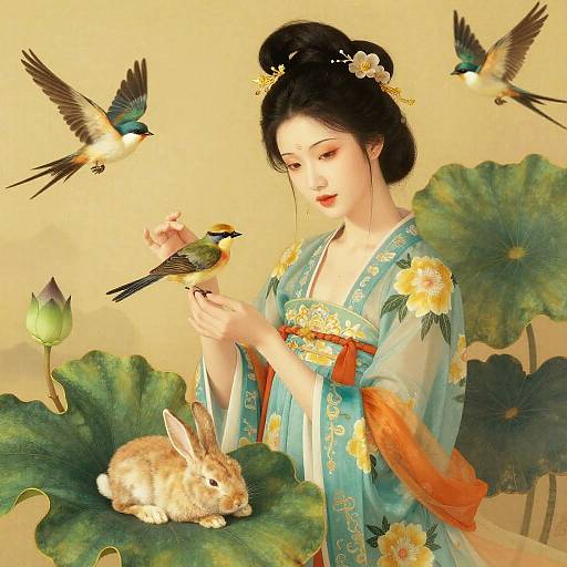 Elegant Asian Woman with Birds and Rabbit