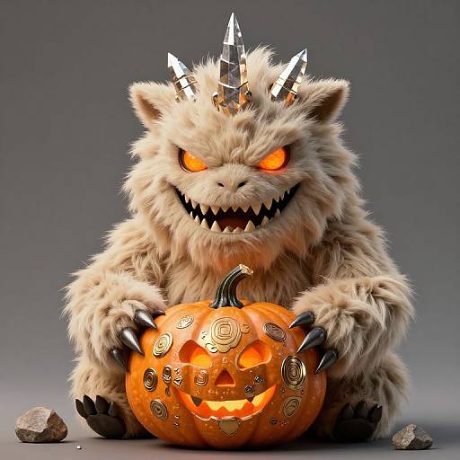 Fuzzy Creature Holding Patterned Pumpkin