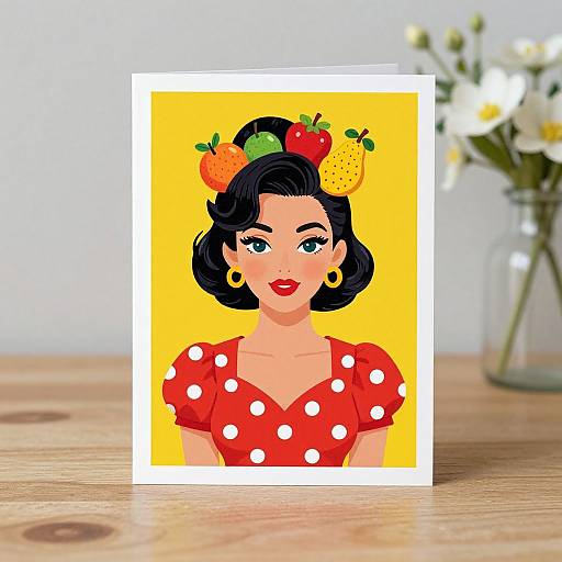 Digital illustration of a vintage-style woman with black hair, red polka dot dress, yellow background, fruit hairpiece, and gold earrings, displayed on