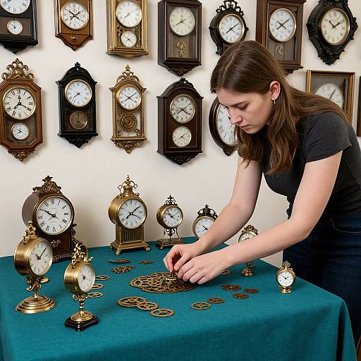 Photograph of a brunette woman in a black shirt, assembling antique clock mechanisms on a teal table, surrounded by vintage clocks on a white wall.
