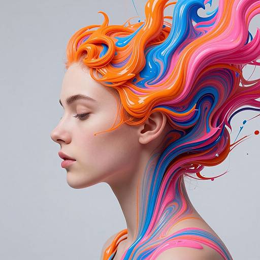 Digital artwork of a fair-skinned woman with vibrant, swirling orange, blue, and pink hair, closed eyes, and serene profile against a light blue