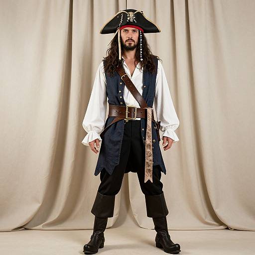 Photograph of a bearded man in a pirate costume: black tricorn hat, white shirt, blue vest, brown belt, black pants, boots