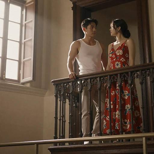Sunlit Couple on Ornate Wooden Balcony