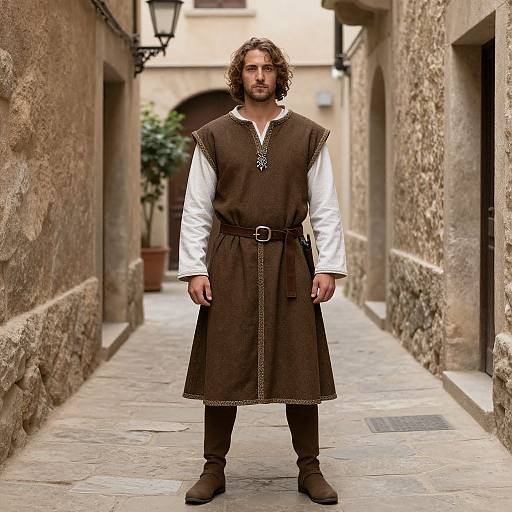 Photograph of a bearded man with curly hair, wearing a brown medieval-style tunic over a white shirt, standing in a narrow stone alleyway