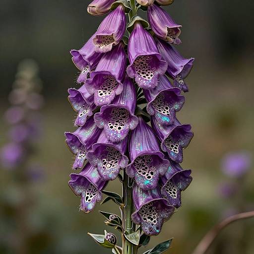 Photograph of a tall, vibrant purple foxglove flower with spotted white and blue interiors, set against a blurred green and brown garden background.