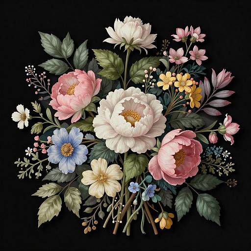 Digital floral illustration: Vivid pink, white, and blue flowers with yellow centers, surrounded by green leaves and small white buds, set against a black