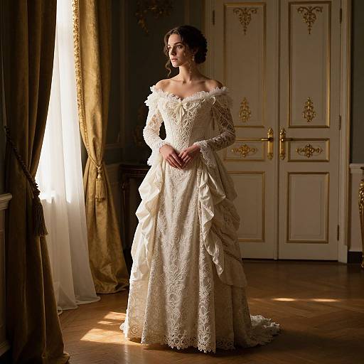 Photograph of a brunette bride in an off-shoulder, lace wedding gown standing in a sunlit, elegant room with gold curtains and ornate