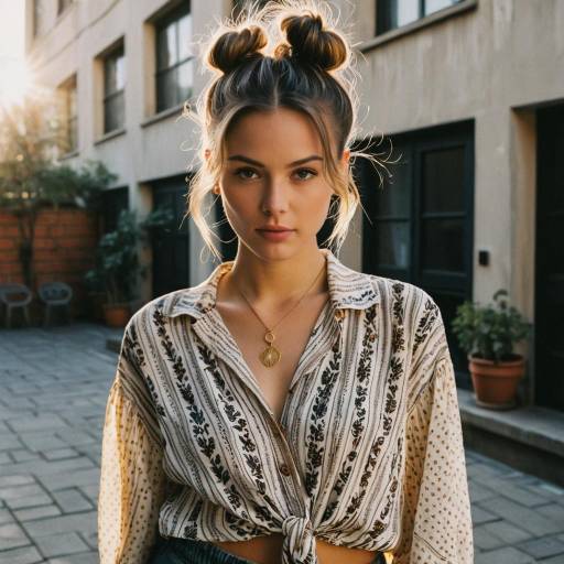 Young Woman with Loose Top Knot Hairstyle in Urban Courtyard
