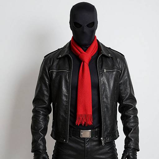 Photograph of a masked man in black leather jacket, red scarf, black shirt, and black pants with white background.