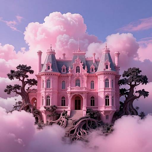 Digital art of a pink, Victorian-style mansion with intricate details, surrounded by pink clouds and dark, twisted trees, floating mid-air.