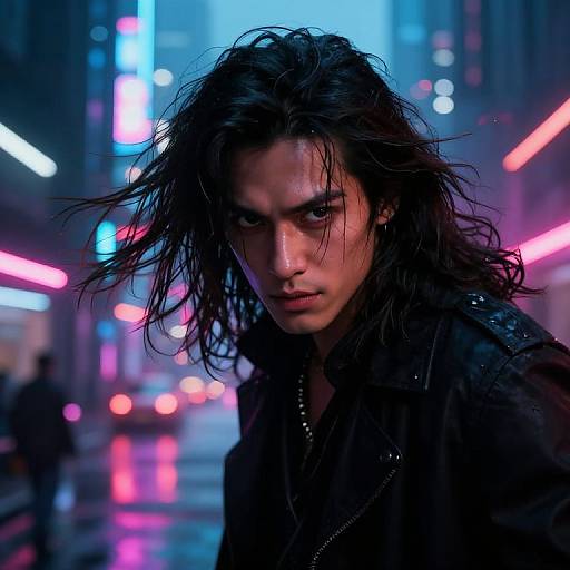 Cyberpunk photograph of a serious, wet-haired young man with dark, tousled hair, intense gaze, and black leather jacket, standing in a