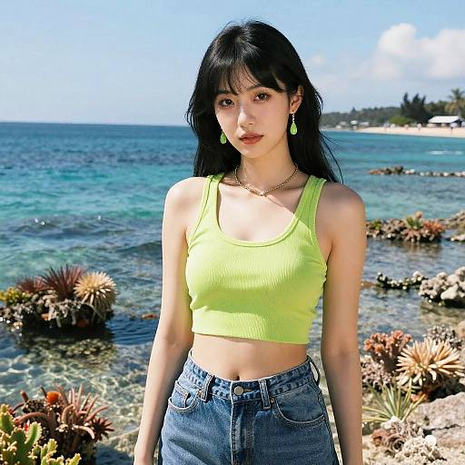 Photograph of an Asian woman with black hair in a bright yellow crop top and high-waisted blue jeans, standing by a turquoise ocean with rocky