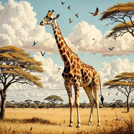 Giraffe in Golden Savannah with Birds and Clouds