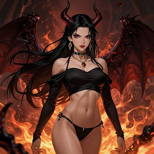 Digital illustration of a seductive, dark-haired demon woman with black horns, wings, and red eyes, wearing a black crop top and thong,