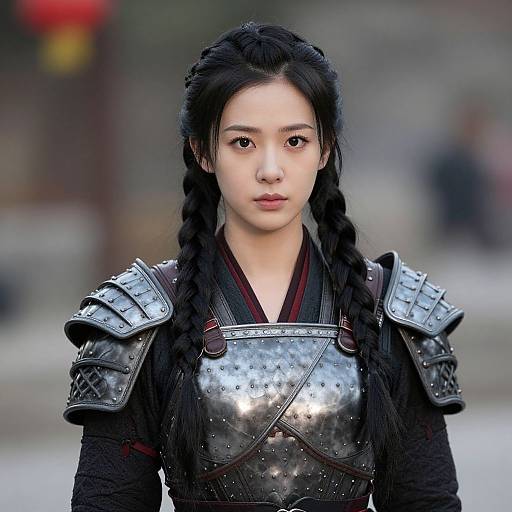 Photograph of an East Asian woman with braided black hair, wearing detailed, metallic medieval armor, standing in a blurred outdoor setting.