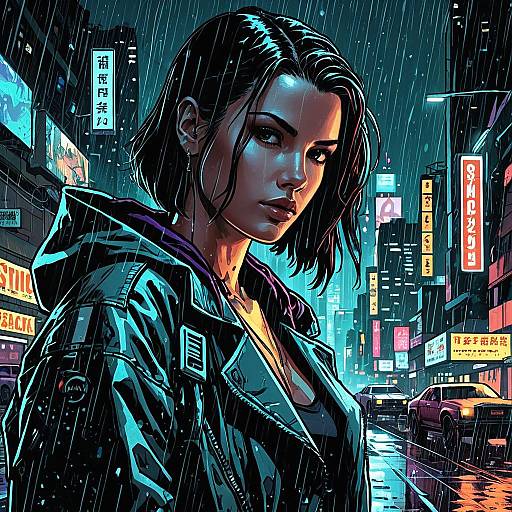 Cyberpunk Woman in Rainy City