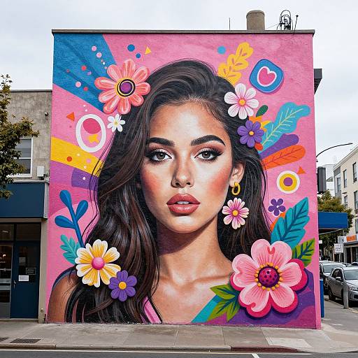 Vibrant street mural of a beautiful woman with long dark hair, adorned with colorful flowers, and bold makeup, set against a pink and blue geometric