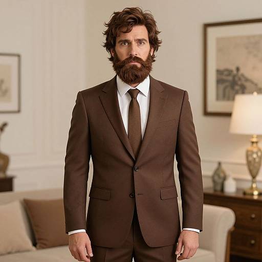 Photograph of a bearded man with curly brown hair, wearing a dark brown suit, white shirt, and black tie, standing in a well-l