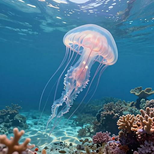 Photograph of a glowing, translucent jellyfish with long, flowing tentacles floating above a vibrant coral reef in a deep blue underwater scene.