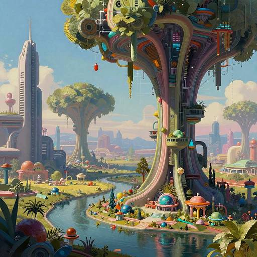 Vibrant digital artwork of a futuristic, sci-fi cityscape with towering, tree-like structures, colorful buildings, winding river, and sleek skyscrap
