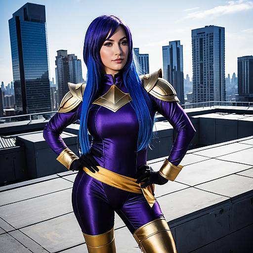 Woman in Purple and Gold Cosplay on Rooftop
