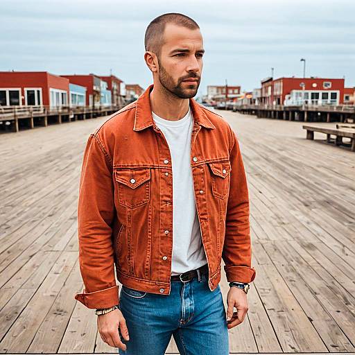 Man in Terracotta Denim Jacket on Boardwalk