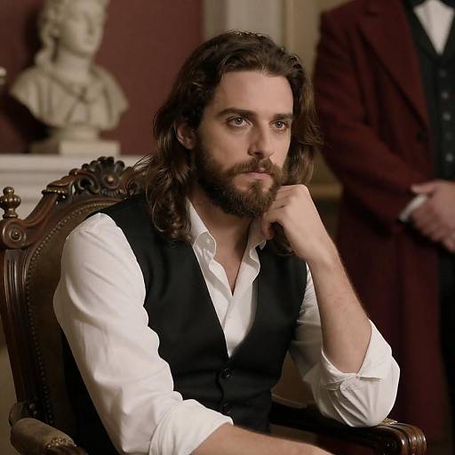 Man Sitting in Ornate Chair with Intense Gaze