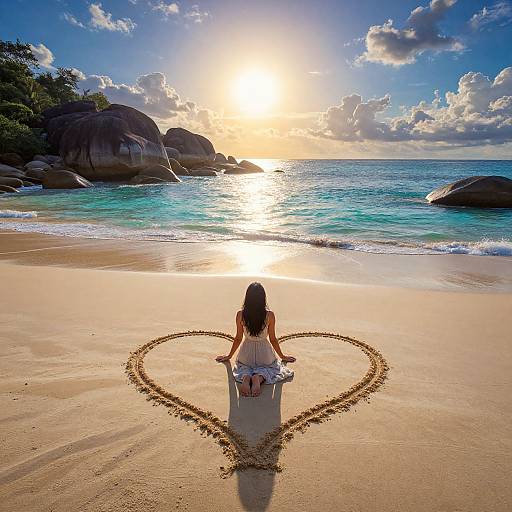 Photograph of a woman with long brown hair, wearing a white sundress, sitting on a sandy beach, drawing a heart shape in the sand,