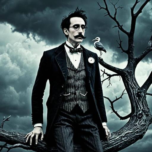 Vintage man with bird on eerie dead tree