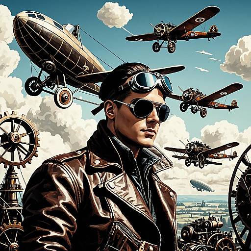 Art Deco Aviator with Vintage Aircraft and Cogwheels