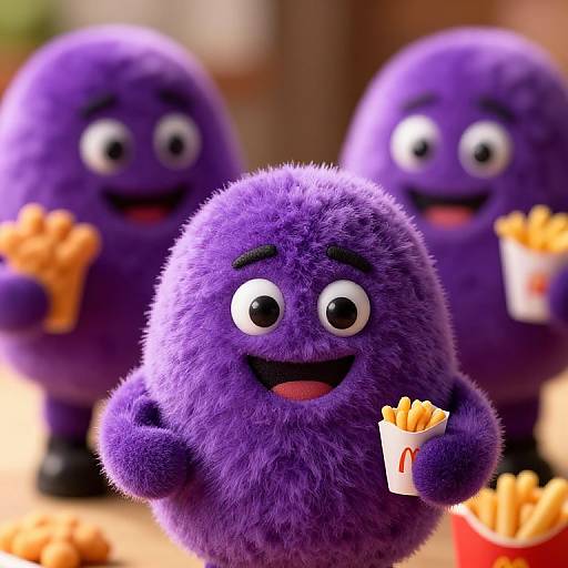 Three fuzzy purple Gru's Minions holding McDonald's fries, with excited expressions, in a brightly lit, blurred background. CGI image.