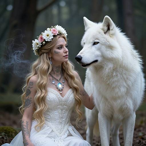 Photograph of a tattooed, blonde woman in a white lace dress and flower crown, kneeling beside a large white wolf in a forest.