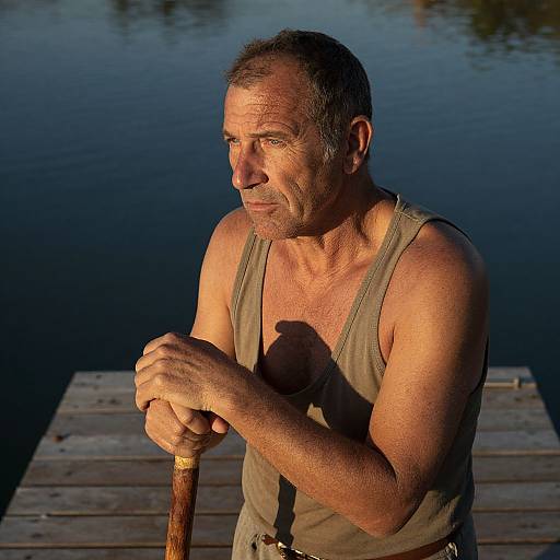 Photograph of a middle-aged, muscular man with short gray hair, wearing a tan tank top, holding a wooden cane, sitting on a wooden dock