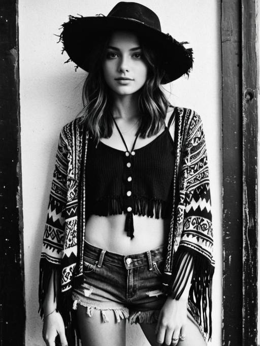 Bohemian Woman in Monochrome Cardigan and Hat