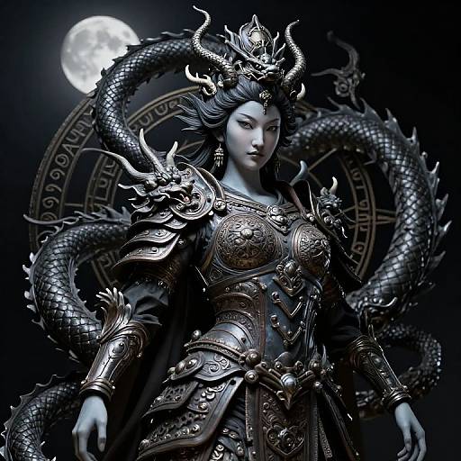 Digital artwork of an armored Asian woman with dragon horns and a serpentine dragon tail, illuminated by a full moon. Detailed, metallic armor contrasts with