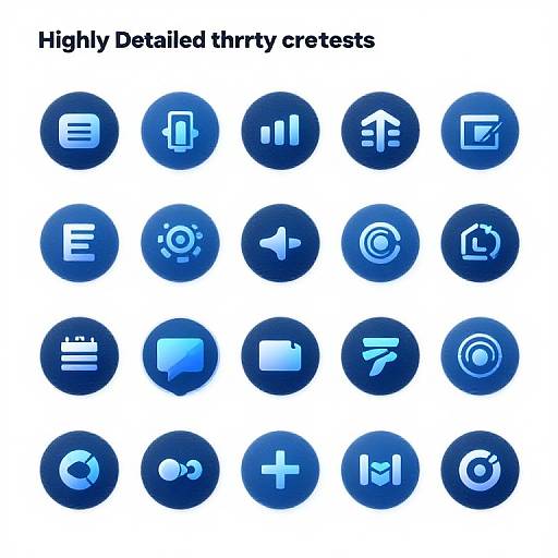 Digital image of 20 blue, glossy, circular icons with white, highly detailed, triangular crests, each representing different app functions. Text above reads