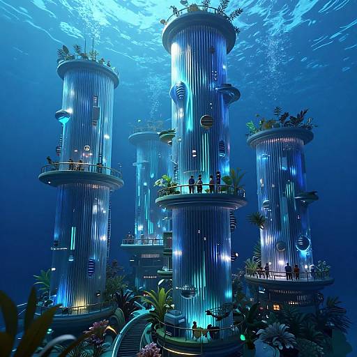 Photograph of futuristic underwater city with tall, cylindrical, illuminated towers adorned with plants and small balconies, surrounded by vibrant marine life.