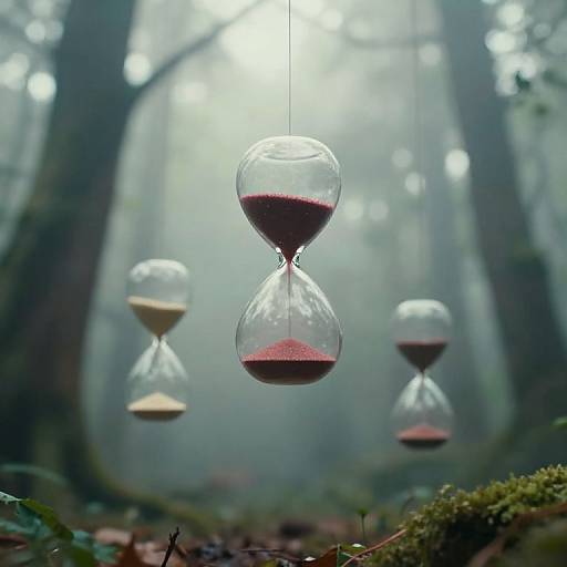 Photograph of four glass hourglasses, hanging in a misty forest; each filled with different colored sand, with blurred tree trunks in background