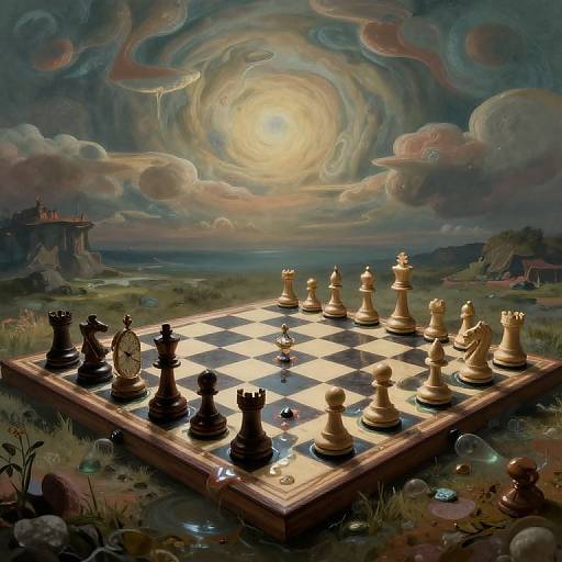 Digital painting of a surreal chessboard under a swirling, glowing sky; black and white pieces on a grassy landscape.