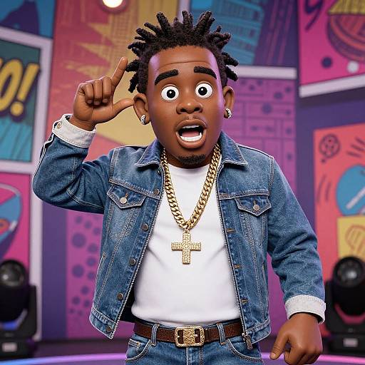 Photograph of a surprised Black man with dreadlocks, wearing a denim jacket, white t-shirt, gold chain, and cross pendant, pointing upwards in