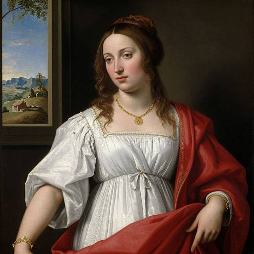 Renaissance painting of a fair-skinned woman with brown hair, wearing a white dress, red cloak, gold necklace, and bracelet, standing against