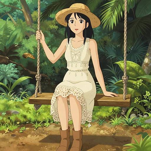 Woman in Ivory Lace Dress on Swing in Tropical Garden