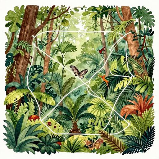 Vibrant, detailed digital illustration of a lush jungle with tall trees, diverse green foliage, colorful plants, and a butterfly mid-flight, framed by