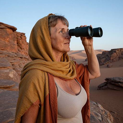 Middle-aged woman with short brown hair, wearing a brown hooded cloak and white tank top, gazes through black binoculars in a desert landscape
