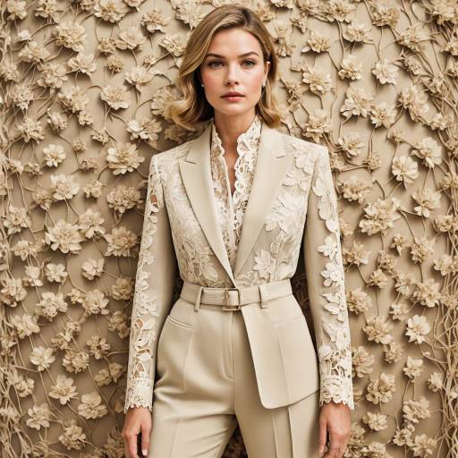 Woman in Tailored Sand-Colored Pantsuit with Lace Blouse