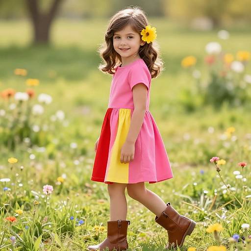 Photograph of a young girl with curly brown hair, wearing a pink and yellow dress, brown boots, and a yellow flower, walking in a sun
