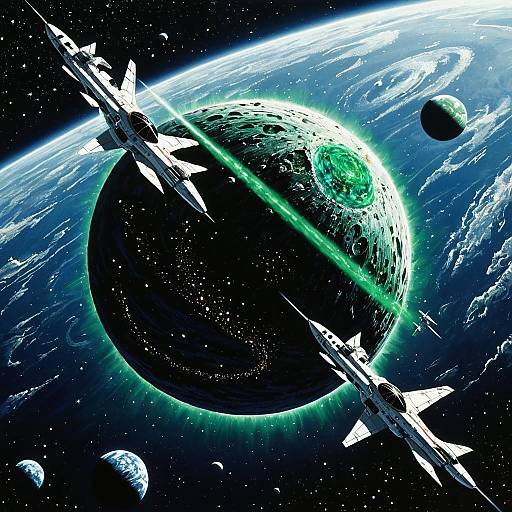 Space Battle with Emerald Ringed Planet