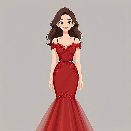 Digital illustration of a smiling woman with long brown hair, wearing an off-shoulder, red lace mermaid dress with floral details.